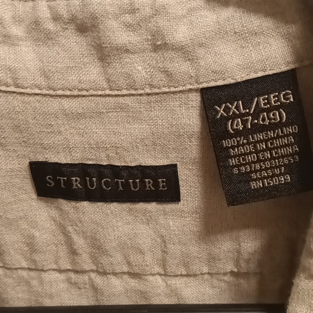STRUCTURE tan/khaki 100% linen short sleeve shirt w left pocket Sz XXL/EEG/47-49